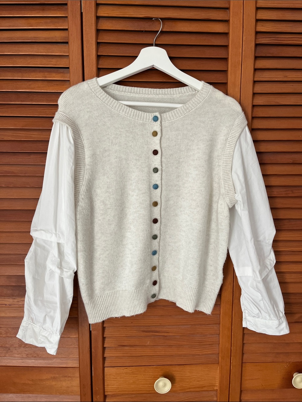 Ivory Knit Button-Front Sweater with Oxford Sleeves